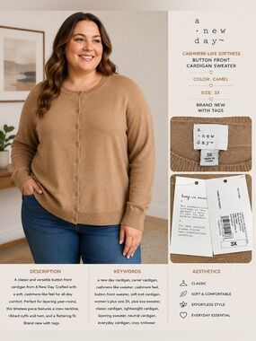 A New Day Camel Cashmere-Like Button Front Cardigan Sweater 3X NWT